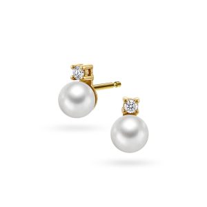 EC1914 Øredobber i gull med perle og diamanter 0,06 ct WSI, gult gull