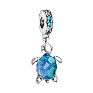 Sølv hengende Charm skilpadde m/ blå muranoglass