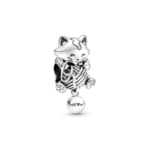 Kitten and yarn ball sterling silver charm